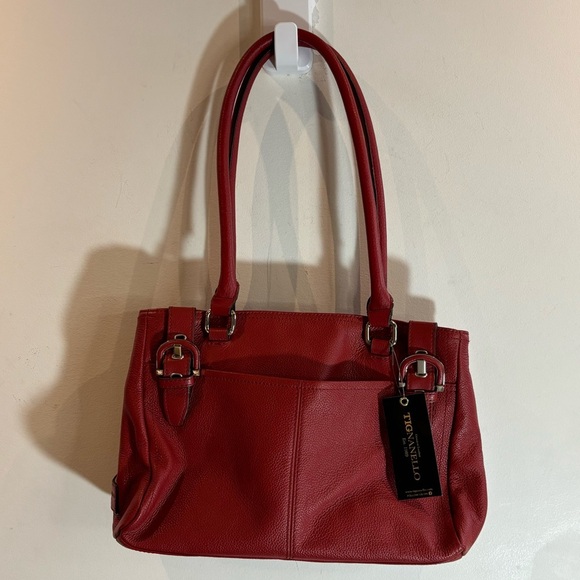 TIGNANELLO Leather Contrastig strip Lining Multiple Pockets Shoulder Bag NEW - Picture 6 of 14